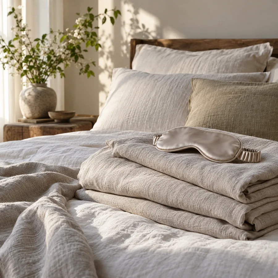Neutral bedding and silk sleep mask in a restful bedroom